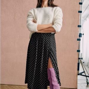 Sezane Black Polka Dot Midi Skirt with Side Slit